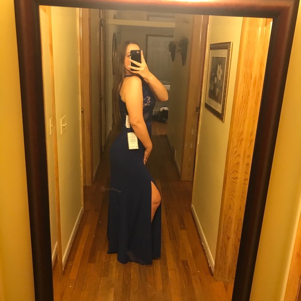 Royal blue prom dress with lace top